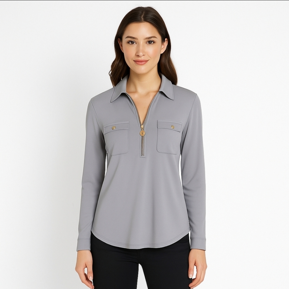 Anne Klein Gray Half Zip Flowy Blouse Roll Tab Sleeve Sz Med